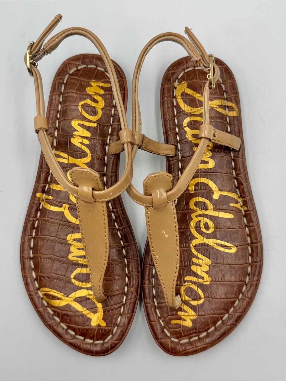 Sam Edelman Sandal Girls 13 Gigi Kids Beige / Tan Patent Toe Post Buckle Flat